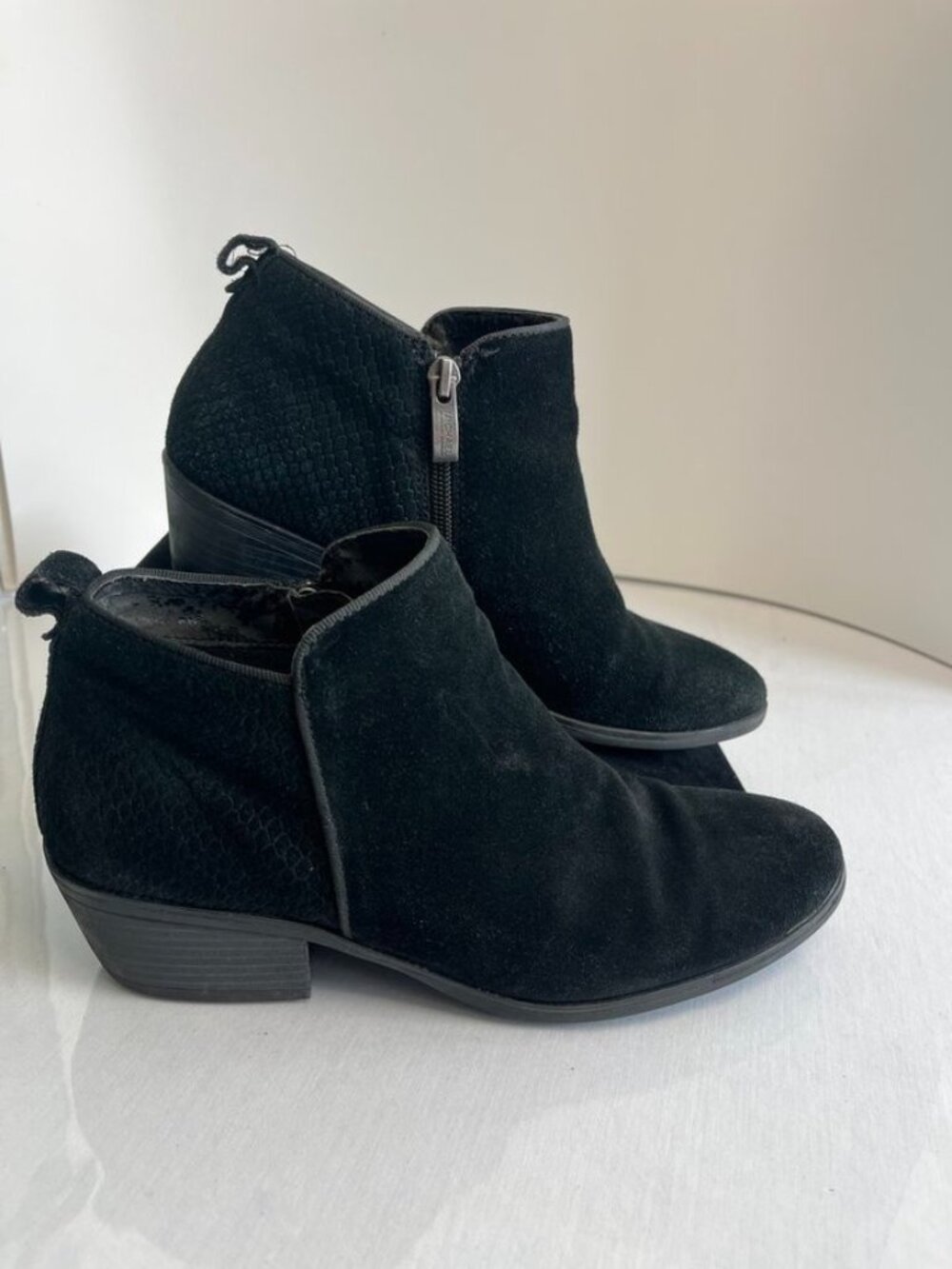 Michael by Michael Shannon Black Suede Ankle Boots Side Zip Low Heel